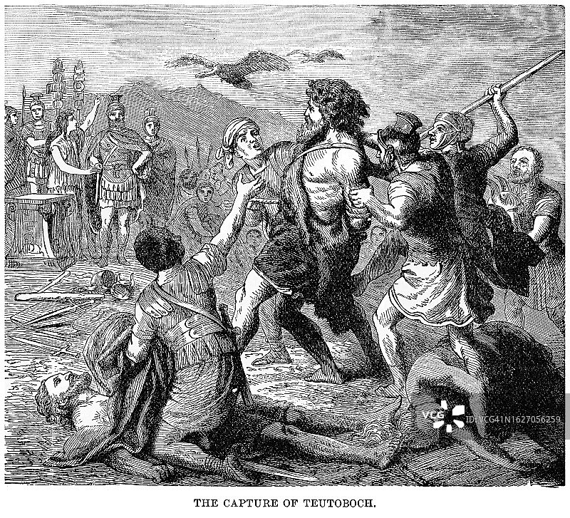 古老的雕刻插图：条顿国王的俘获图片素材