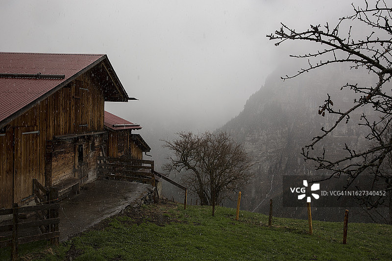 雾、雪和森林小屋的氛围图片素材