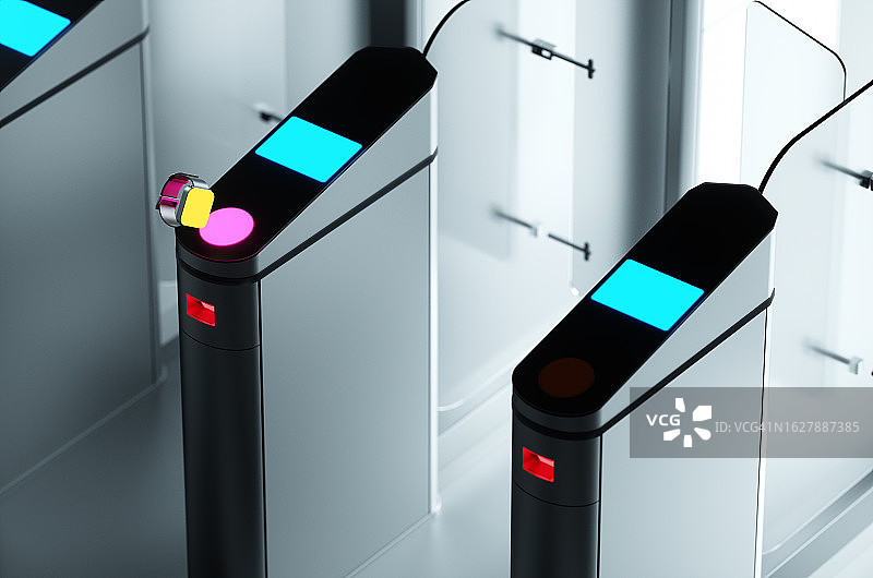 地铁旋转栅门和智能手表特写，无线公共交通票价或无线访问密钥概念图片素材