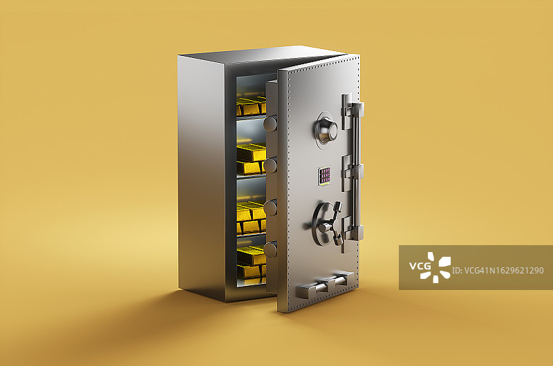黄色背景上带有组合锁和金条的金属保险箱特写图片素材