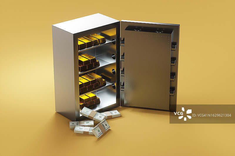 黄色背景下的金属保险箱，内有金条和成堆的美元钞票特写图片素材