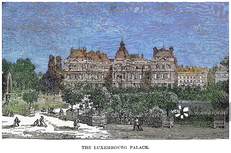 巴黎卢森堡宫古老雕刻插图 - 路易十三国王的母亲玛丽·德·美第奇的皇家住所图片素材