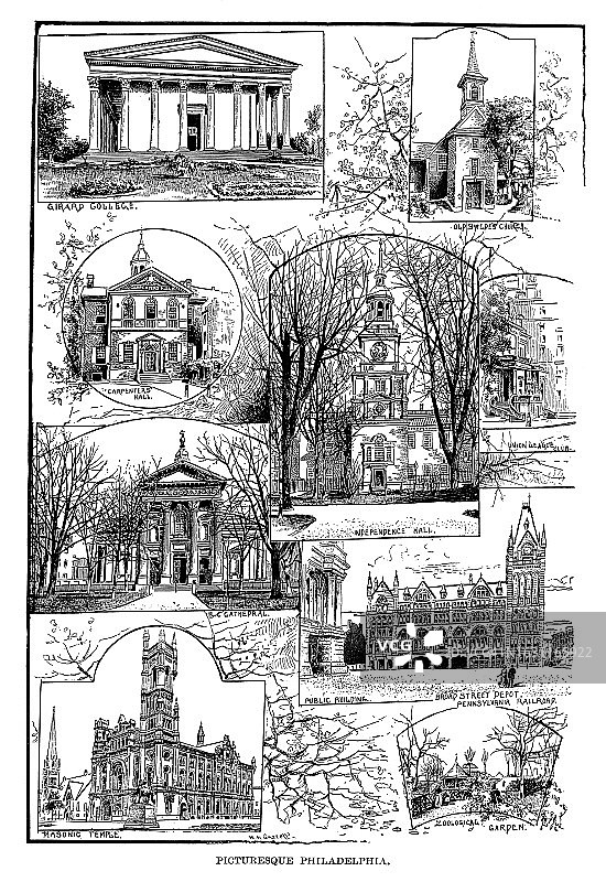 美国宾夕法尼亚州费城风景名胜古老版画插图图片素材