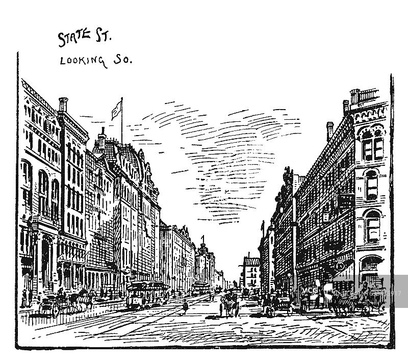 19世纪芝加哥州街古老雕刻插图图片素材