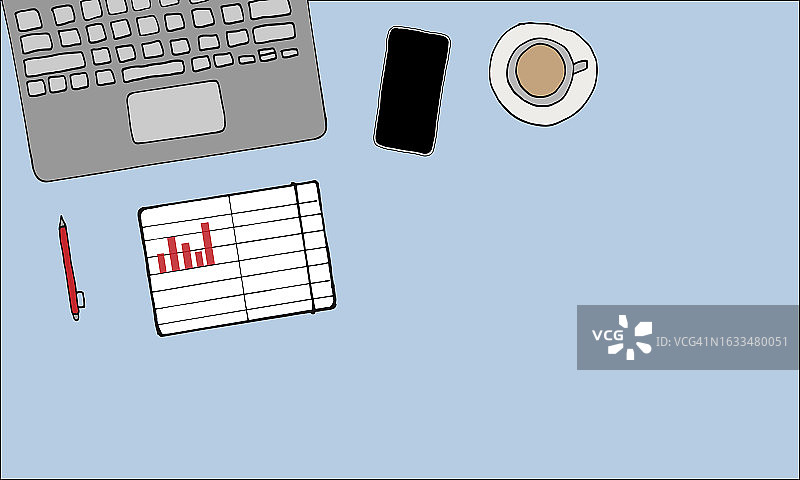 家庭办公桌：笔记本电脑、带柱状图的笔记本、智能手机和笔，浅蓝色背景图片素材