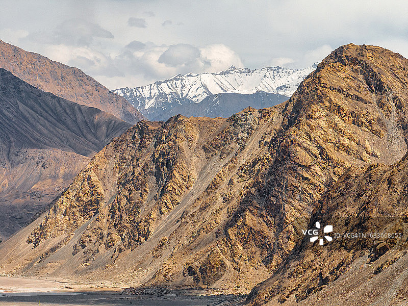 斯卡杜的日落景观航拍：沙丘、印度河与喀喇昆仑山脉图片素材