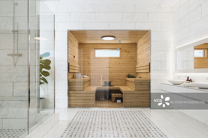 豪华现代浴室里的木制桑拿房图片素材