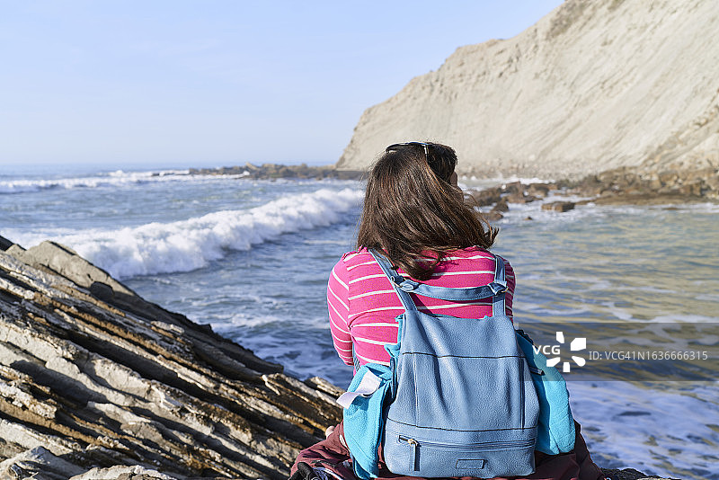 成年女子坐在海滩树干上看日落的背影图片素材