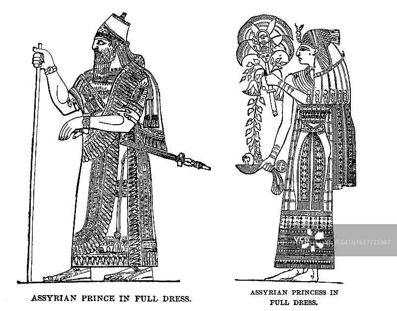 盛装的亚述王子（国王）和公主老式雕刻插图图片素材