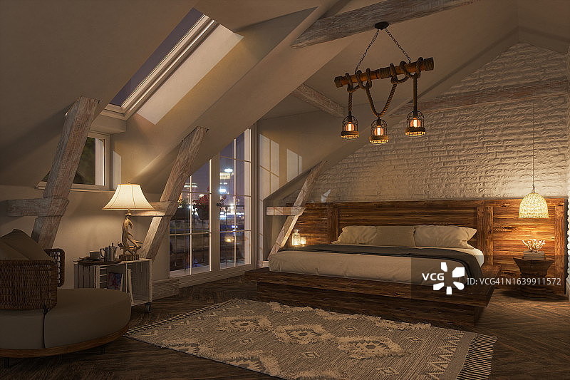 斯堪的纳维亚风格阁楼卧室夜景图片素材