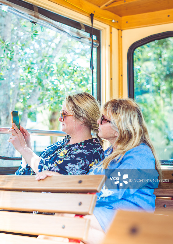 成年女人们在旅行中用手机拍照图片素材