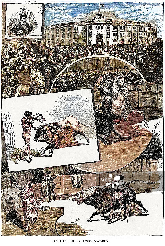 马德里斗牛场：斗牛士与公牛的古老雕刻插图，西班牙图片素材