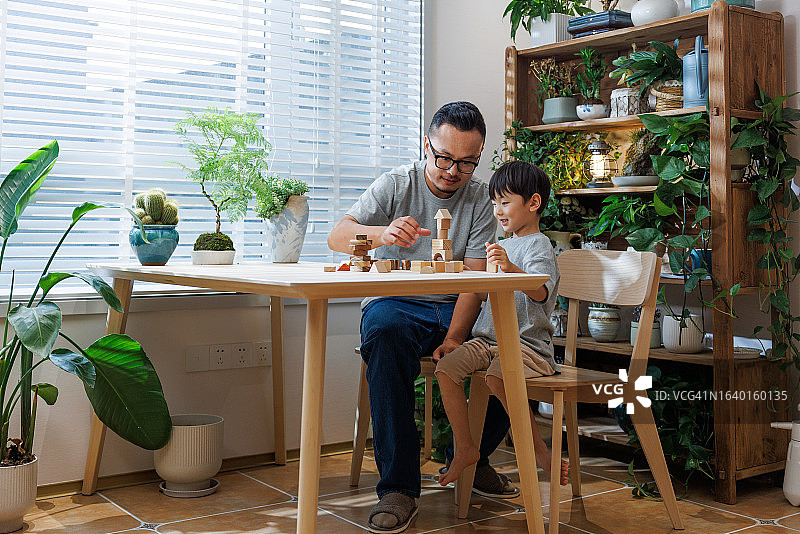 年轻的父亲和儿子在家玩积木图片素材