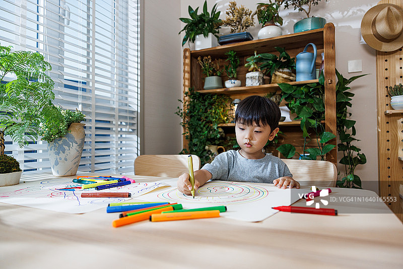 在家画画的亚洲男孩图片素材