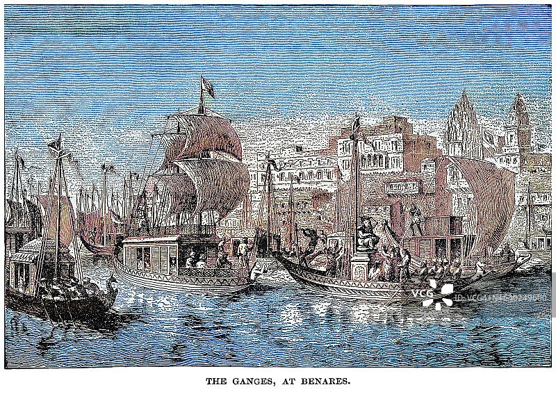 瓦拉纳西的恒河古版画插图图片素材