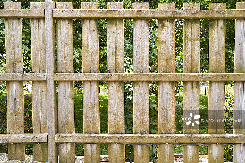 带细长板条的木栅栏，前景是绿叶灌木图片素材