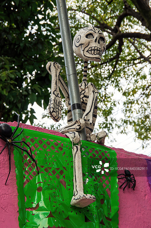 亡灵节装饰组合，包括纸莎草骨架和纸花风格塑料彩旗，以及万圣节塑料蜘蛛在房屋入口门上图片素材