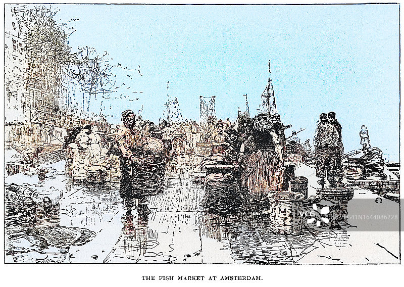 荷兰阿姆斯特丹鱼市古老雕刻插图图片素材