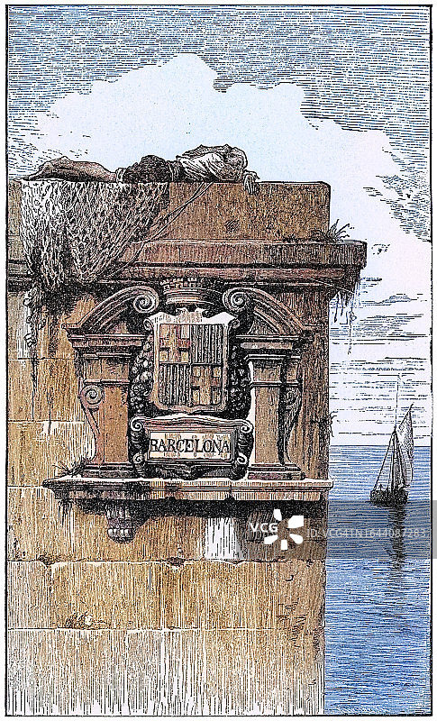 巴塞罗那盾徽古版画，西班牙东北部沿海城市图片素材