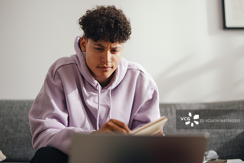 在家用笔记本电脑做作业的青少年男孩肖像图片素材