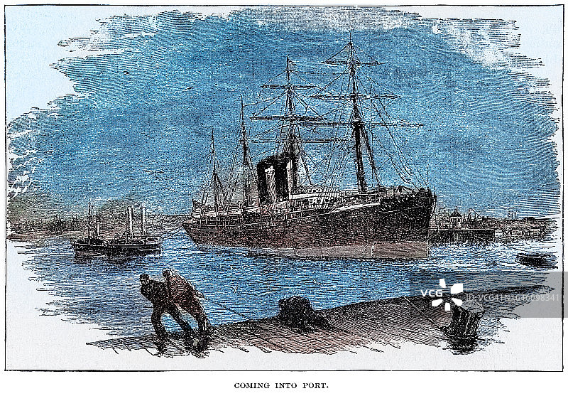 进入英国布里斯托尔港的大型船只的古版画图片素材