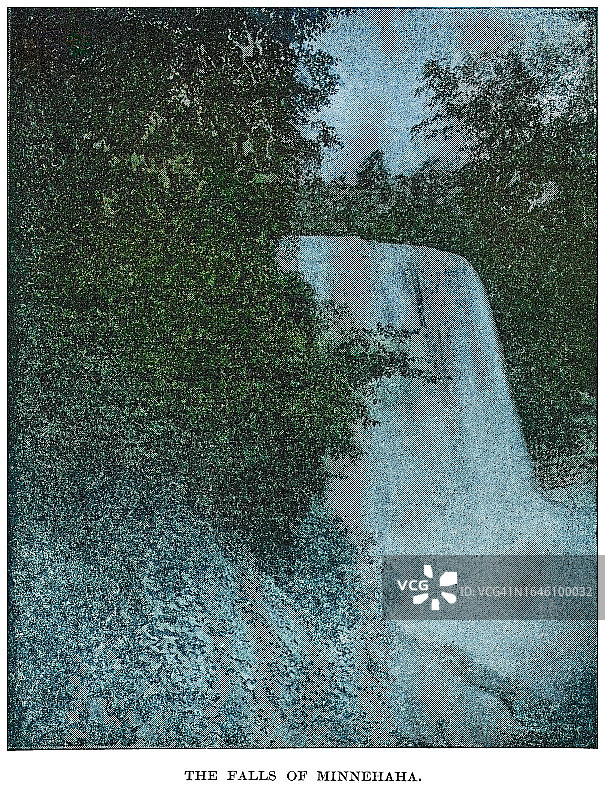 明尼哈哈瀑布复古雕刻插画，明尼苏达州明尼阿波利斯市图片素材