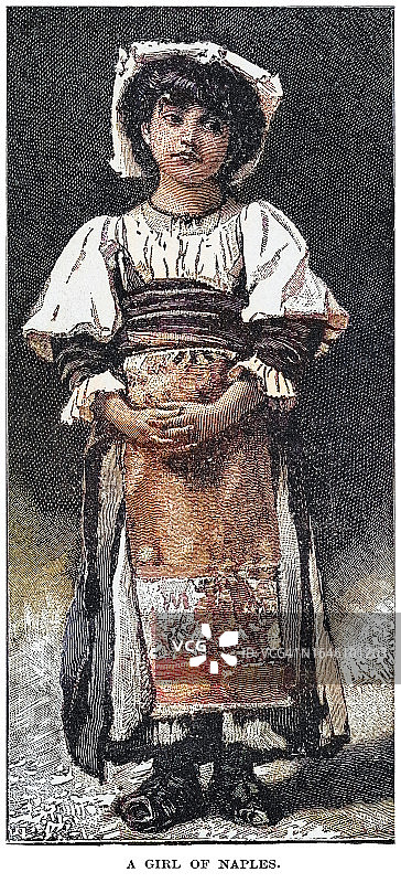 意大利那不勒斯女孩的民族服装古老雕刻插图图片素材