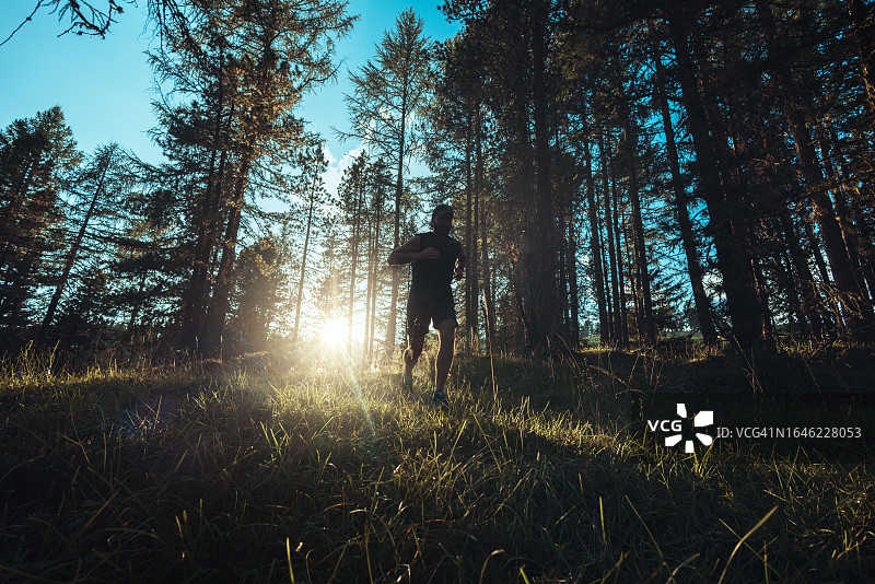 在山地森林中越野跑的男人图片素材