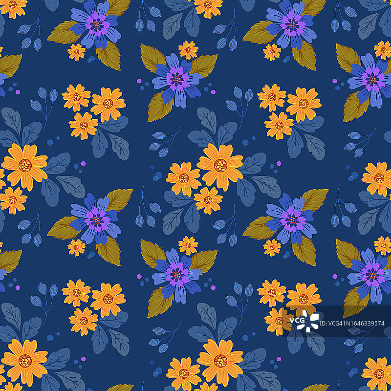 蓝色可爱小黄花无缝图案图片素材