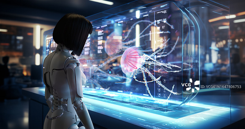 实验室里的赛博格年轻女性在电脑前工作图片素材