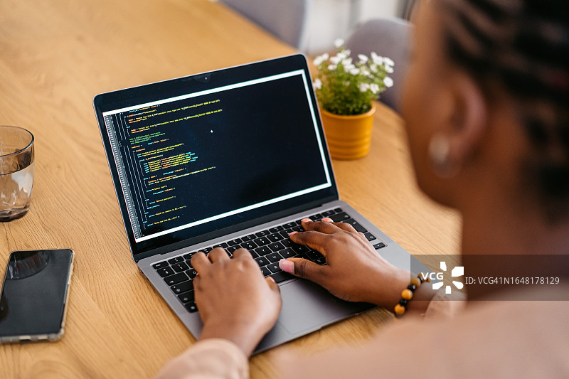 年轻女子在家用笔记本电脑编程图片素材