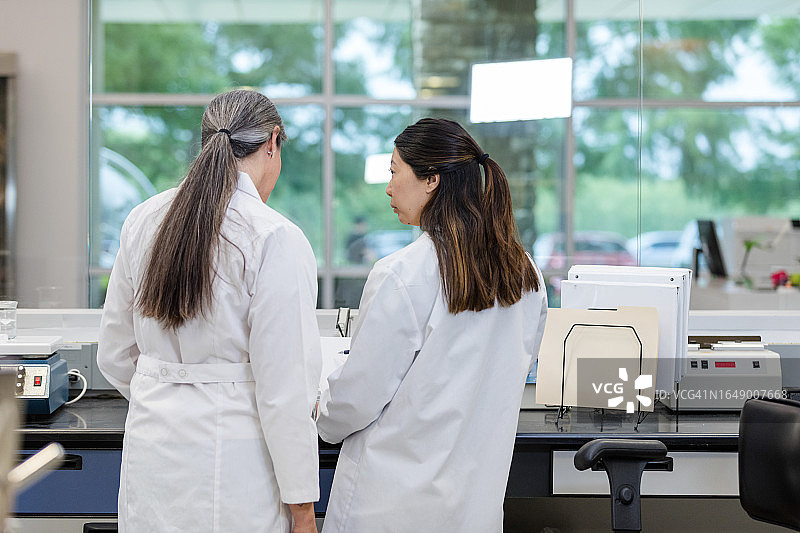 两位女同事查看测试结果的背影图片素材
