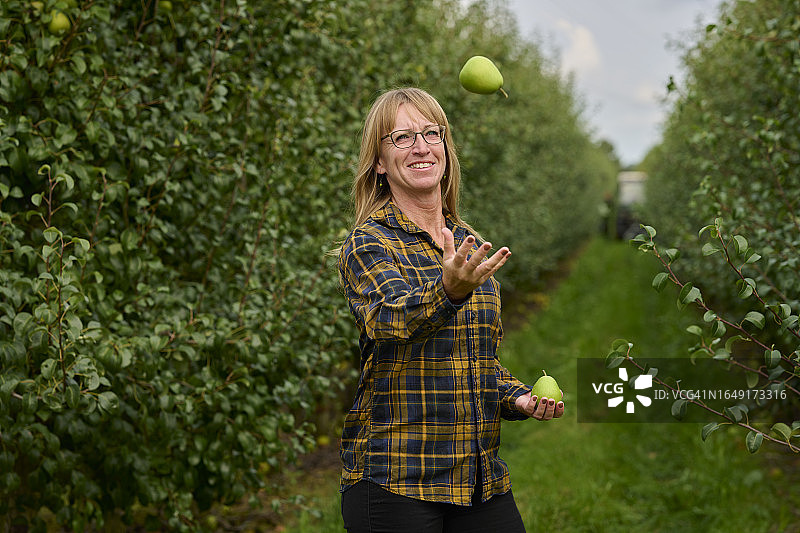 用两个梨子耍杂技的女人图片素材