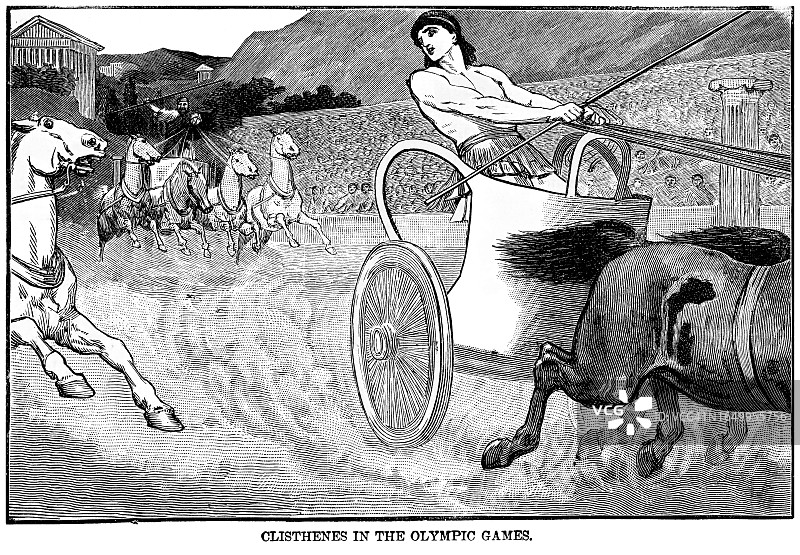 克里斯提尼或克里斯提尼（奥林匹克胜利者，四马战车）古老版画插图图片素材