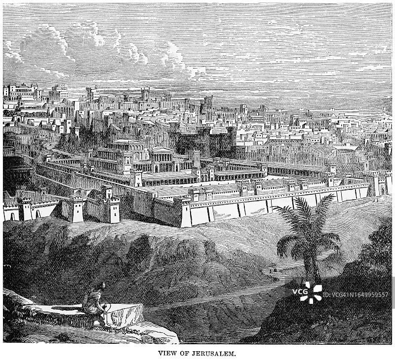 耶路撒冷老式雕刻插图：西亚城市，位于地中海和死海之间的朱迪安山脉高原上图片素材