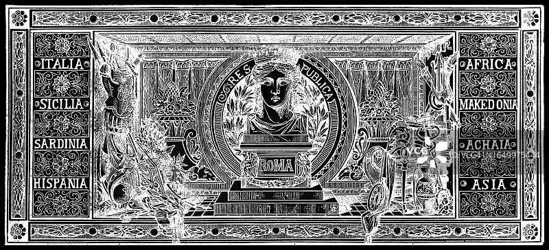 罗马的古老雕刻插图，在古罗马宗教中，罗马是一位女性神祇，她代表罗马城，更广泛地代表罗马国家图片素材