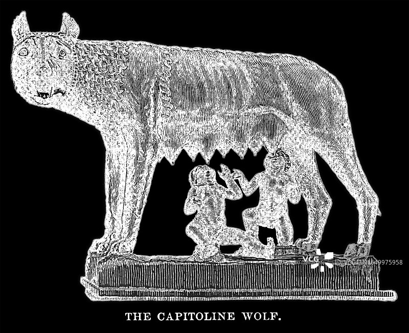 罗穆卢斯和瑞摩斯被母狼哺乳的古老雕刻插图 - 卡皮托利欧母狼图片素材