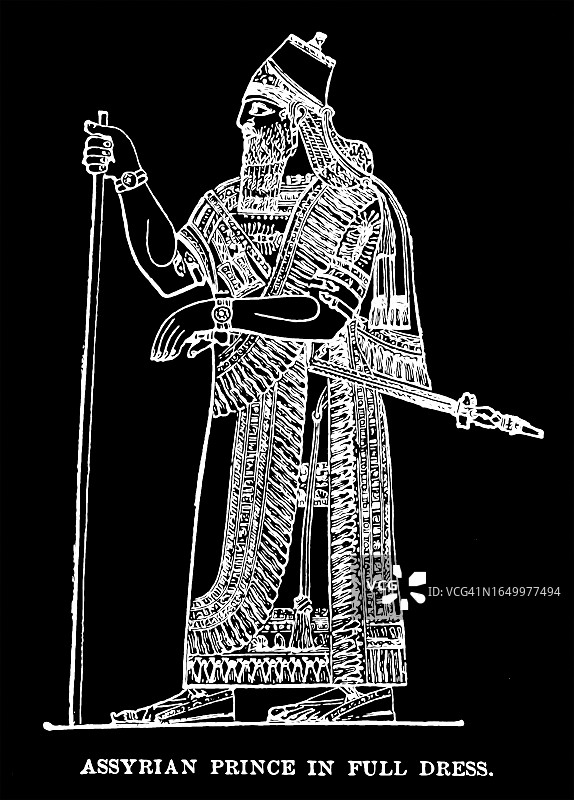 古代亚述王子或国王盛装雕刻插图图片素材