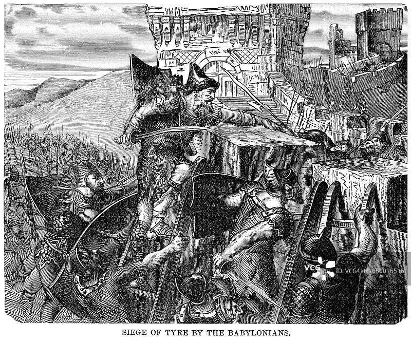 尼布甲尼撒二世围攻推罗的古老雕刻插图（公元前586年至573年，历时13年）图片素材