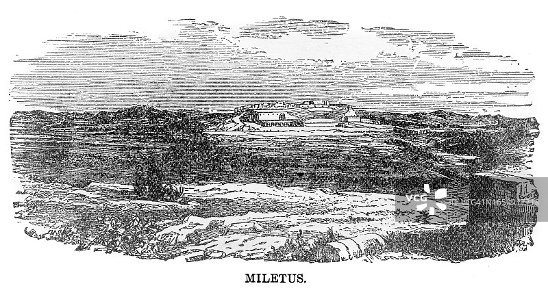 米利都古城复古雕刻插画，位于安纳托利亚西海岸图片素材