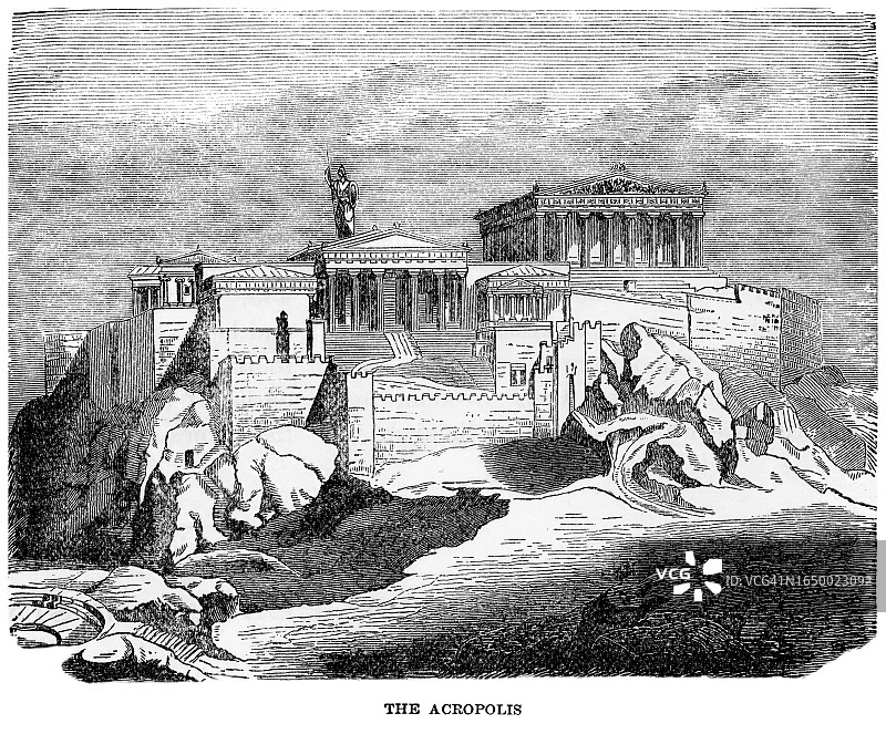 老式雕刻插图：雅典卫城（修复图）图片素材