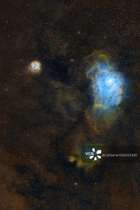M8和M20：泻湖星云和三叶星云窄带SHO调色板图片素材