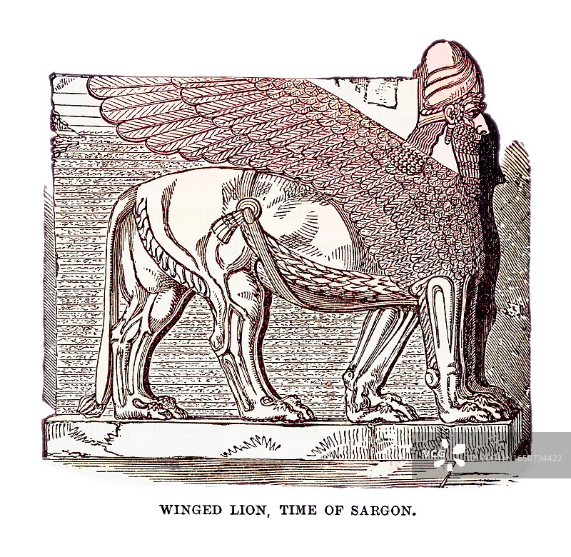 巴比伦和亚述艺术古版画：人首翼牛像（拉马苏），公元前721-705年图片素材