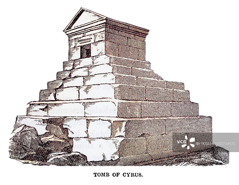 居鲁士大帝墓古老雕刻插图，伊朗法尔斯省图片素材