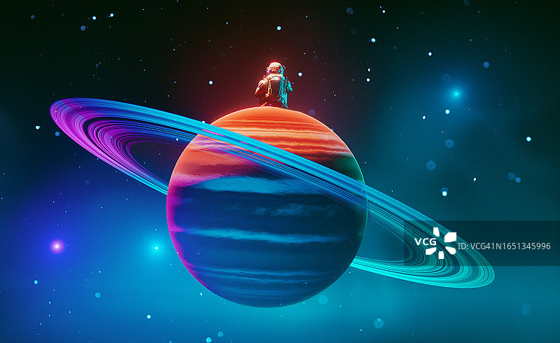 宇航员迷失在太空，坐在微型行星上眺望未知图片素材