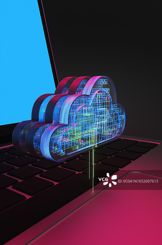 霓虹灯下的笔记本电脑和数字存储云特写图片素材