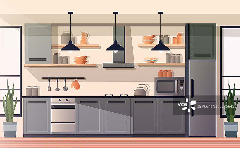 扁平风格的现代厨房室内设计与家具图片素材