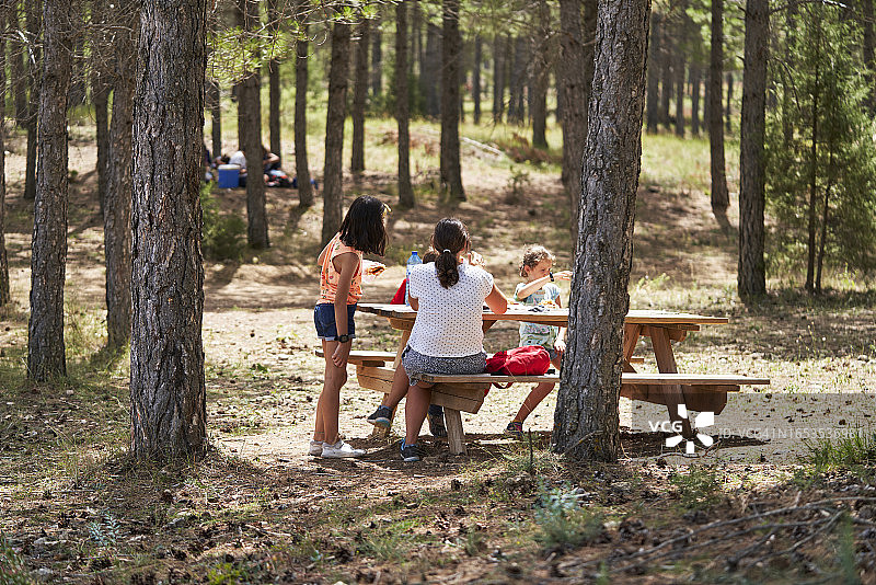 一位女士坐在森林的桌旁，与两个女儿分享野餐的后视图图片素材