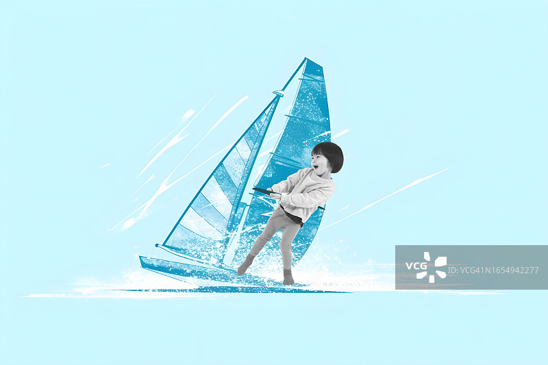 在清洁蓝色背景下玩帆板的年轻女孩拼贴画图片素材