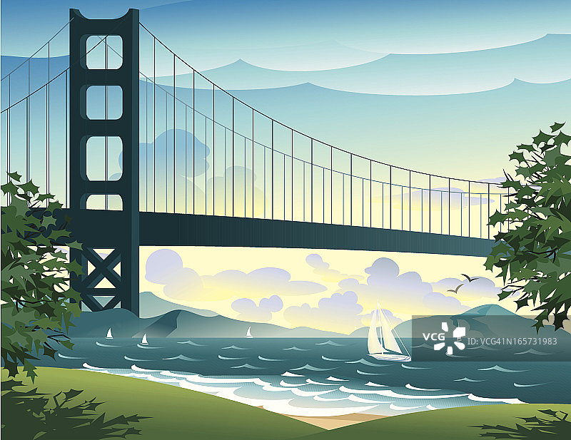 海湾大桥和帆船图片素材